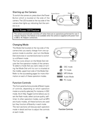Page 14 English
MP3PCA
U
D
IO
13
Auto Power Off Feature
The camera automatically switches off when there are no operations performed for over 2
minutes. However, this feature is not available when the camera is supplied with power from
a USB or AC Adapter connection.
Changing Mode
The Mode Dial located at the top side of the
camera lets you easily change from one op-
eration mode to another. Just turn the Mode
Dial clockwise or counterclockwise to switch
to a different mode.
The five icons shown on the Mode...