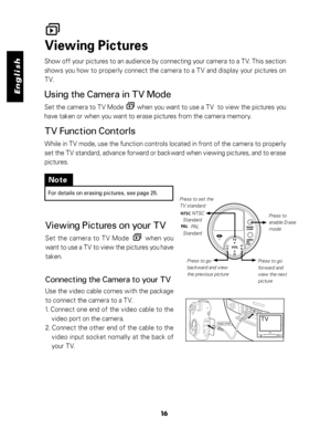 Page 17 English
16
Viewing Pictures
Show off your pictures to an audience by connecting your camera to a TV. This section
shows you how to properly connect the camera to a TV and display your pictures on
TV.
Using the Camera in TV Mode
Set the camera to TV Mode        when you want to use a TV  to view the pictures you
have taken or when you want to erase pictures from the camera memory.
TV Function Contorls
While in TV mode, use the function controls located in front of the camera to properly
set the TV...
