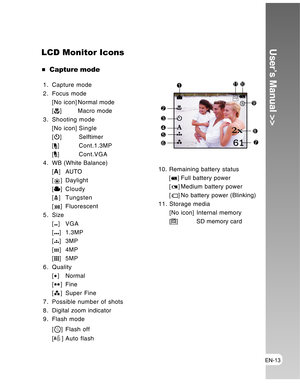 Page 13 EN-13
User’s Manual >>
1. Capture mode
2. Focus mode
[No icon]Normal mode
[
] Macro mode
3. Shooting mode
[No icon]Single
[
] Selftimer
[
] Cont.1.3MP
[
] Cont.VGA
4. WB (White Balance)
[
A] AUTO
[
] Daylight
[
] Cloudy
[
] Tungsten
[
] Fluorescent
5. Size
[
] VGA
[
] 1.3MP
[
] 3MP
[
] 4MP
[
] 5MP
6. Quality
[
] Normal
[
] Fine
[
] Super Fine
7. Possible number of shots
8. Digital zoom indicator
9. Flash mode
[
] Flash off
[
] Auto flash
LCD Monitor Icons
  Capture mode
10. Remaining battery status
 [
]...