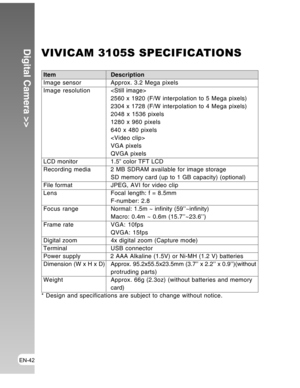 Page 42 EN-42
Digital Camera >>VIVICAM 3105S SPECIFICATIONS
Item DescriptionImage sensor Approx. 3.2 Mega pixels
Image resolution
2560 x 1920 (F/W interpolation to 5 Mega pixels)
2304 x 1728 (F/W interpolation to 4 Mega pixels)
2048 x 1536 pixels
1280 x 960 pixels
640 x 480 pixels

VGA pixels
QVGA pixels
LCD monitor 1.5” color TFT LCD
Recording media 2 MB SDRAM available for image storage
SD memory card (up to 1 GB capacity) (optional)
File formatJPEG, AVI for video clip
LensFocal length: f = 8.5mm
F-number:...