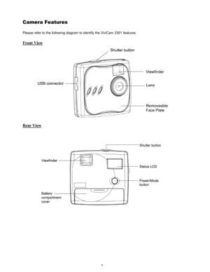 Page 6 2 
Camera Features 
Please refer to the following diagram to identify the ViviCam 3301 features: 
Front View 
                 
Rear View 
         
                
