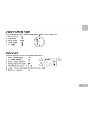 Page 16 15
Operating Mode Knob
The camera provides 5 different operating modes for your selection:
1. Record Mode
2. Play Mode
3. Setup Mode
4. Erase Mode
5. PC Mode
Status LCD
The status LCD contains the following indicators:
1. Resolution Indicator
2. PC Mode Indicator
3. Image Quality Indicator
4. Battery Power Indicator
5. Flash Mode Indicator
6. Images Remaining/Image Number Indicator
7. Self-timer Indicator  