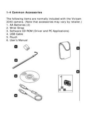 Page 6 1-4 Common Accessories The following items are normally included with the Vivicam 3340 camera. (Note that accessories may vary by retailer.) 1. AA Batteries (2) 2. Wrist Strap  3. Software CD ROM (Driver and PC Applications)  4. USB Cable 5. Pouch  6. User’s Manual     