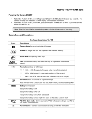 Page 7  
 7USING THE VIVICAM 3345 
Powering the Camera ON/OFF 
· To turn the ViviCam 3345’s power ON, press and hold the  button for three to four seconds.  The 
camera will beep and the status LCD will display camera status information. 
· To turn the ViviCam 3345’s power OFF, press and hold the  button for three (3) seconds and the 
status LCD will shut off.   Note: The ViviCam 3345 automatically powers off after 60 seconds of inactivity. Camera Icons and Descriptions...