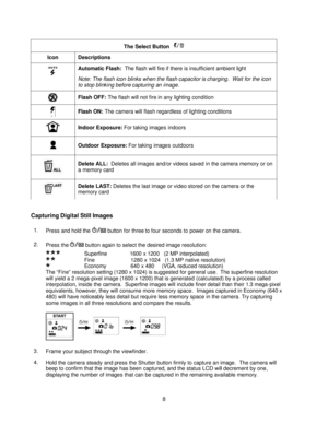 Page 8  
 8 The Select Button    Icon Descriptions  Automatic Flash:  The flash will fire if there is insufficient ambient light 
Note: The flash icon blinks when the flash capacitor is charging.  Wait for the icon 
to stop blinking before capturing an image.  Flash OFF: The flash will not fire in any lighting condition  Flash ON: The camera will flash regardless of lighting conditions  Indoor Exposure: For taking images indoors  Outdoor Exposure: For taking images outdoors  Delete ALL:  Deletes all images...