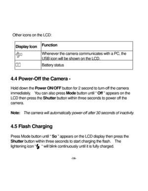 Page 17 
  Other icons on the LCD: Display
 Icon
 Function
 
 
Whenever the camera communicates w
ith a PC, the 
USB
icon
willbe
show
nonthe
LCD.
-14- 
 4.4 Pow
er-Off the Camera - 
wn the 
/OFF button for 2 second to turn-of
f
diately.  
Mode
 button until “ 
Off
LC
 then pres
r button w
ithin three seconds to pow
er
 
a. 
 Note: 
 The ca
 power-off after 30 seconds of inactivity
. 
 
 Flash C
de bu
 ” appears on the LCD display
tton
  T
con “
it is fully charged. 
 Hold do
Pow
er O
N
 the camera 
imme
You can...