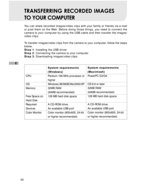 Page 31 30
E
System requirements
(Windows)
Pentium 166 MHz processor or
higher
Windows 98/98SE/Me/2000/XP
32MB RAM
(64MB recommended)
128 MB hard disk space
A CD-ROM drive,
An available USB port
Color monitor (800x600, 24-bit
or higher recommended)
CPU
OS
Memory
Free Space on
Hard Disk
Required
Devices
Color Monitor
TRANSFERRING RECORDED IMAGES
TO YOUR COMPUTER
You can share recorded images/video clips with your family or friends via e-mail
or post them on the Web. Before doing those things, you need to connect...