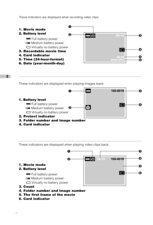 Page 1312
E
These indicators are displayed when recording video clips:
1. Movie mode
2. Battery level
     
 Full battery power
      Medium battery power
     
 Virtually no battery power
3. Recordable movie time
4. Card indicator
5. Time (24-hour-format)
6. Date (year-month-day)
These indicators are displayed when playing images back:
1. Battery level
     
 Full battery power
      Medium battery power
     
 Virtually no battery power
2. Protect indicator
3. Folder number and image number
4. Card indicator...