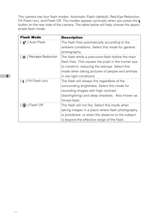 Page 2322
E
Flash Mode
[ 
 ] Auto Flash
[  ]  Red-eye Reduction
[  ] Fill Flash (on)
[  ] Flash Off
Description
The flash fires automatically according to the
ambient conditions. Select this mode for general
photography.
The flash emits a precursor-flash before the main
flash fires. This causes the pupil in the human eye
to constrict, reducing the red-eye. Select this
mode when taking pictures of people and animals
in low-light conditions.
The flash will always fire regardless of the
surrounding brightness....