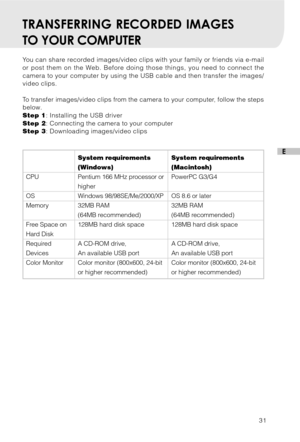 Page 3231
ESystem requirements
(Windows)
Pentium 166 MHz processor or
higher
Windows 98/98SE/Me/2000/XP
32MB RAM
(64MB recommended)
128MB hard disk space
A CD-ROM drive,
An available USB port
Color monitor (800x600, 24-bit
or higher recommended)
CPU
OS
Memory
Free Space on
Hard Disk
Required
Devices
Color Monitor
TRANSFERRING RECORDED IMAGES
TO YOUR COMPUTER
You can share recorded images/video clips with your family or friends via e-mail
or post them on the Web. Before doing those things, you need to connect...