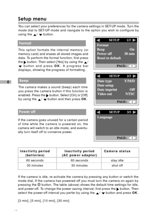 Page 4342
E
Setup menu
You can select your preferences for the camera settings in SET-UP mode. Turn the
mode dial to SET-UP mode and navigate to the option you wish to configure by
using the 
/  button.
 Format
This option formats the internal memory (or
memory card) and erases all stored images and
data. To perform the format function, first press
the 
 button. Then select [Yes] by using the /
 button and press OK. A progress bar
displays, showing the progress of formatting.
 Beep
The camera makes a sound...