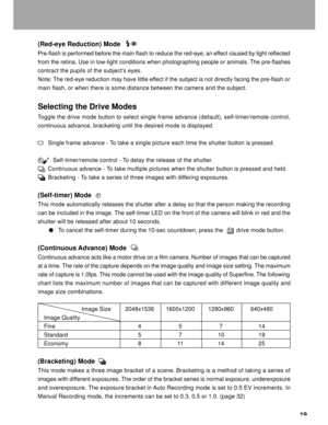 Page 20 19 (Red-eye Reduction) Mode
Pre-flash is performed before the main flash to reduce the red-eye; an effect caused by light reflected
from the retina. Use in low-light conditions when photographing people or animals. The pre-flashes
contract the pupils of the subjects eyes.
Note: The red-eye reduction may have little effect if the subject is not directly facing the pre-flash or
main flash, or when there is some distance between the camera and the subject.
Selecting the Drive Modes
Toggle the drive mode...