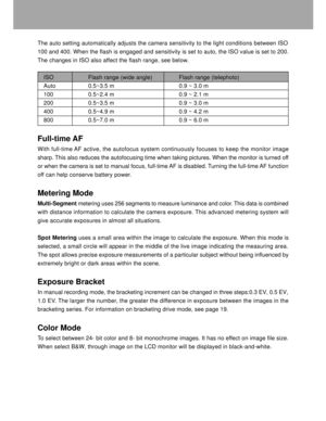 Page 33 32
The auto setting automatically adjusts the camera sensitivity to the light conditions between ISO
100 and 400. When the flash is engaged and sensitivity is set to auto, the ISO value is set to 200.
The changes in ISO also affect the flash range, see below.
ISO Flash range (wide angle) Flash range (telephoto)
Auto 0.5~3.5 m 0.9 ~ 3.0 m
100 0.5~2.4 m 0.9 ~ 2.1 m
200 0.5~3.5 m 0.9 ~ 3.0 m
400 0.5~4.9 m 0.9 ~ 4.2 m
800 0.5~7.0 m 0.9 ~ 6.0 m
Full-time AF
With full-time AF active, the autofocus system...