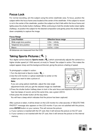 Page 2323
Focus Lock
For normal recording, aim the subject using the entire viewfinder area. To focus, position the
subject within the focus frame area located at the center of the viewfinder. If the subject to record
is not in the center of the viewfinder, position the subject so that it falls within the focus frame and
lightly press the shutter button (halfway). While continuing to hold the shutter button down lightly
(halfway), re-position the subject for the desired composition and gently press the shutter...