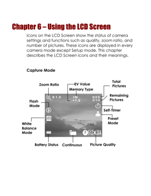 Page 51  
Chapter 6 – Using the LCD Screen 
Icons on the LCD Screen show the status of camera 
settings and functions such as quality, zoom ratio, and 
number of pictures. These icons are displayed in every 
camera mode except Setup mode. This chapter 
describes the LCD Screen icons and their meanings. 
 
Capture Mode 
 
 
 
 
 
 
Remaining 
Pictures 
Preset 
Mode 
Flash 
Mode 
Zoom Ratio 
Continuous 
White 
Balance 
Mode 
Memory Type 
Self-Timer 
Picture Quality Battery Status 
Total 
Pictures EV Value 
   