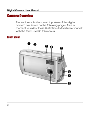 Page 8 Digital Camera User Manual 
Camera Overview 
The front, rear, bottom, and top views of the digital 
camera are shown on the following pages. Take a 
moment to review these illustrations to familiarize yourself 
with the terms used in this manual. 
Front View 
 
4   