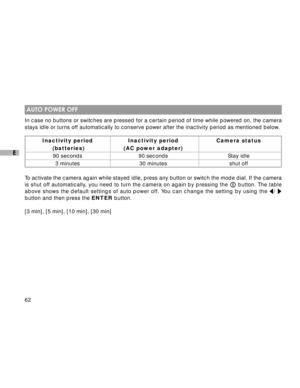 Page 63 62
E
 AUTO POWER OFF
In case no buttons or switches are pressed for a certain period of time while powered on, the camera
stays idle or turns off automatically to conserve power after the inactivity period as mentioned below.
Inactivity period Inactivity period Camera status
 (batteries) (AC power adapter)
90 seconds 90 seconds Stay idle
3 minutes 30 minutes shut off
To activate the camera again while stayed idle, press any button or switch the mode dial. If the camera
is shut off automatically, you...