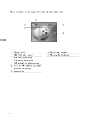 Page 1514
E
These indicators are displayed when playing back video clips:
1. Battery level
Full battery power
Fairly consumed
Nearly exhausted
Virtually no battery power
2. Press the 
 button to play back
recorded video clips
3. Movie mode
4. File (movie) number
5. Memory Card indicator 