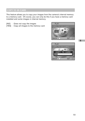 Page 5453
E
COPY TO SD CARD
This feature allows you to copy your images from the camera’s internal memory
to a memory card.  Of course, you can only do this if you have a memory card
installed and some images in internal memory.
[NO] : Does not copy the images
[YES] : Copy all images to the memory card 