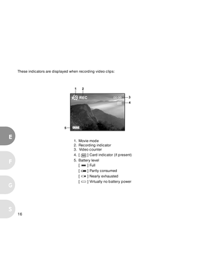 Page 16 16
E
F
S
G
These indicators are displayed when recording video clips:
1. Movie mode
2. Recording indicator
3.  Video counter
4. [ 
 ] Card indicator (if present)
5. Battery level [ 
 ] Full
[ 
 ] Partly consumed
[ 
 ] Nearly exhausted
[ 
 ] Virtually no battery power  