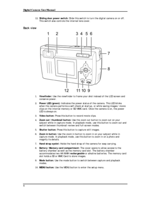 Page 8 Digital Camera User Manual 
12. Sliding door power switch: Slide this switch to turn the digital camera on or off. 
This switch also controls the internal lens cover. 
Back view 
 
1. Viewfinder: Use the viewfinder to frame your shot instead of the LCD screen and 
conserve power. 
2. Power LED (green): Indicates the power status of the camera. This LED blinks 
when the camera performs a self-check at startup, or while saving images / movie 
clips on the internal memory or SD/MMC card. Once the camera is...