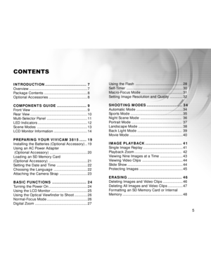 Page 6 5
CONTENTS
INTRODUCTION................................... 7
Overview ........................................................... 7
Package Contents ............................................ 8
Optional Accessories ....................................... 8
COMPONENTS GUIDE ......................... 9
Front View ......................................................... 9
Rear View .......................................................... 10
Multi-Selector Panel...