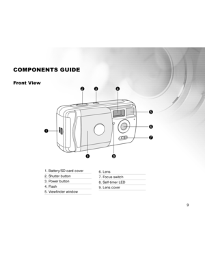 Page 10 9
1. Battery/SD card cover
2. Shutter button
3. Power button
4. Flash
5. Viewfinder window
COMPONENTS GUIDE
Front View
6
5
7
1
2
98
34
6. Lens
7. Focus switch
8. Self-timer LED
9. Lens cover  