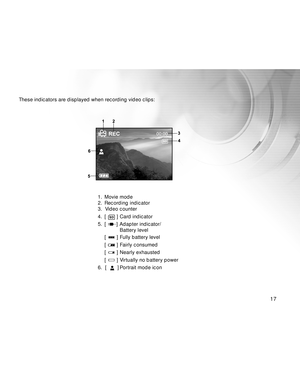 Page 17 17
These indicators are displayed when recording video clips:
1. Movie mode
2. Recording indicator
3.  Video counter
4. [ 
 ] Card indicator
5. [ 
] Adapter indicator/
Battery level
[ 
 ] Fully battery level
[ 
 ] Fairly consumed
[ 
 ] Nearly exhausted
[ 
 ] Virtually no battery power
6.  [  
  ] Portrait mode icon  