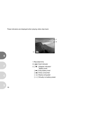 Page 18 18
E
F
S
G
These indicators are displayed when playing video clips back:
00:00
1. Recorded time
2. [ 
 ] Card indicator
3. [ 
 ] Adapter indicator/
           Battery level
[ 
 ] Fully battery level
[ 
 ] Fairly consumed
[ 
 ] Nearly exhausted
[ 
 ] Virtually no battery power  