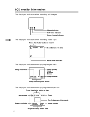 Page 13Downloaded from www.Manualslib.com manuals search engine 12
E
LCD monitor information
The displayed indicators when recording still images:
   
The displayed indicators when recording video clips:
    
The displayed indicators when playing images back:
The displayed indicators when playing video clips back:  