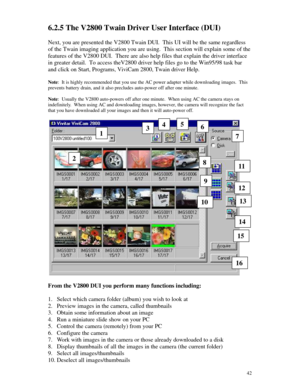 Page 43Downloaded from www.Manualslib.com manuals search engine 426.2.5 The V2800 Twain Driver User Interface (DUI)
Next, you are presented the V2800 Twain DUI.  This UI will be the same regardless
of the Twain imaging application you are using.  This section will explain some of the
features of the V2800 DUI.  There are also help files that explain the driver interface
in greater detail.  To access theV2800 driver help files go to the Win95/98 task bar
and click on Start, Programs, ViviCam 2800, Twain driver...