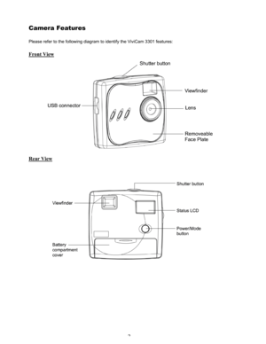 Page 6Downloaded from www.Manualslib.com manuals search engine 2 
Camera Features 
Please refer to the following diagram to identify the ViviCam 3301 features: 
Front View 
                 
Rear View 
         
                