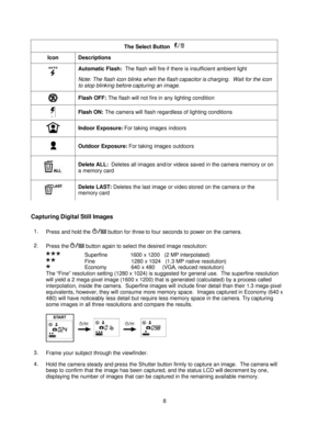 Page 8Downloaded from www.Manualslib.com manuals search engine  
 8 The Select Button    Icon Descriptions  Automatic Flash:  The flash will fire if there is insufficient ambient light 
Note: The flash icon blinks when the flash capacitor is charging.  Wait for the icon 
to stop blinking before capturing an image.  Flash OFF: The flash will not fire in any lighting condition  Flash ON: The camera will flash regardless of lighting conditions  Indoor Exposure: For taking images indoors  Outdoor Exposure: For...