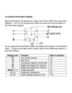 Page 16Downloaded from www.Manualslib.com manuals search engine 4.3 Camera Information Display - 
 
Beyond the basics of capturing an image, the Vivicam 3350 has many other 
features.  Turn on the camera and notice the many icons and symbols on 
the Information display: 
   
 
 
 
 
 
 
 
As you press the Power/Menu button the display will change in the following 
order.  To learn more about each function refer to the referenced section in 
this User Manual. 
 
Display icon Function Refer to Section:  Turn off...