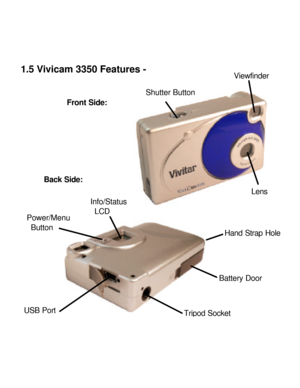 Page 8Downloaded from www.Manualslib.com manuals search engine 1.5 Vivicam 3350 Features - 
 
 
Front Side: 
 
 
 
 
 
 
 
Back Side: Viewfinder Shutter Button Lens Power/Menu 
 Button Info/Status  LCD USB Port Tripod Socket Battery Door  Hand Strap Hole  