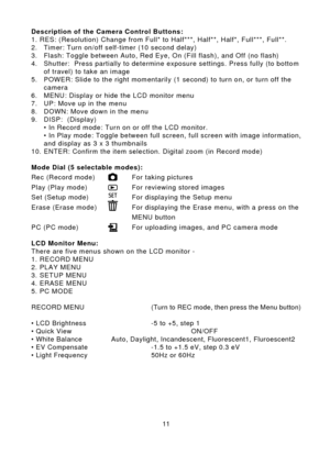 Page 1211Description of the Camera Control Buttons: 1. RES: (Resolution) Change from Full* to Half***, Half**, Half*, Full***, Full**.2.
Timer: Turn on/off self-timer (10 second delay)
3. Flash: Toggle between Auto, Red Eye, On (Fill flash), and Off (no flash)
4. Shutter:  Press partially to determine exposure settings. Press fully (to bottomof travel) to take an image
5. POWER: Slide to the right momentarily (1 second) to turn on, or turn off the camera
6. MENU: Display or hide the LCD monitor menu
7. UP: Move...