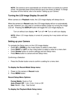 Page 13Downloaded from www.Manualslib.com manuals search engine CF Memory Card Capacity:
The number of images that may be stored on a CF memory card (or internal memory)  NOTE: The camera is set to automatically turn off when there is no activity for a period 11  