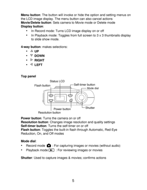 Page 7Downloaded from www.Manualslib.com manuals search engine Menu button: The button will invoke or hide the option and setting menus on 5
Flash buttonStatus LCDSelf-timer buttonMode dial
ShutterPower buttonResolution button  