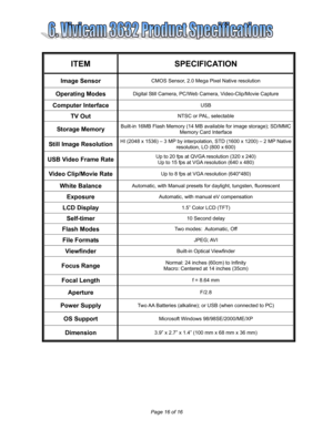 Page 16Downloaded from www.Manualslib.com manuals search engine  
Page 16 of 16   
 
 
 
 
 
ITEM SPECIFICATION 
Image Sensor CMOS Sensor, 2.0 Mega Pixel Native resolution 
Operating Modes Digital Still Camera, PC/Web Camera, Video-Clip/Movie Capture 
Computer Interface USB 
TV Out NTSC or PAL, selectable 
Storage Memory Built-in 16MB Flash Memory (14 MB available for image storage); SD/MMC 
Memory Card Interface 
Still Image Resolution HI (2048 x 1536) – 3 MP by interpolation, STD (1600 x 1200) – 2 MP Native...