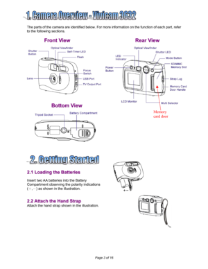 Page 3Downloaded from www.Manualslib.com manuals search engine  Page 3 of 16 
 
 
 
The parts of the camera are identified below. For more information on the function of each part, refer  
to the following sections. 
  
 
 
 
   
 
 
 
   
  
 
 
 
2
2
.
.
1
1
 
 
L
L
o
o
a
a
d
d
i
i
n
n
g
g
 
 
t
t
h
h
e
e
 
 
B
B
a
a
t
t
t
t
e
e
r
r
i
i
e
e
s
s
 
 
Insert two AA batteries into the Battery  
Compartment observing the polarity indications  
(＋ ,－ ) as shown in the illustration. 
  
 
2
2
.
.
2
2
 
 
A
A
t
t
t...