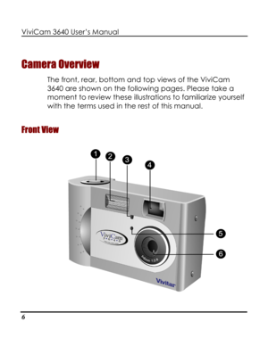 Page 11Downloaded from www.Manualslib.com manuals search engine ViviCam 3640 User’s Manual 
6 
Camera Overview 
The front, rear, bottom and top views of the ViviCam 
3640 are shown on the following pages. Please take a 
moment to review these illustrations to familiarize yourself 
with the terms used in the rest of this manual. 
Front View 
   