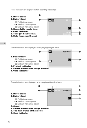 Page 1312
E
These indicators are displayed when recording video clips:
1. Movie mode
2. Battery level
     
 Full battery power
      Medium battery power
     
 Virtually no battery power
3. Recordable movie time
4. Card indicator
5. Time (24-hour-format)
6. Date (year-month-day)
These indicators are displayed when playing images back:
1. Battery level
     
 Full battery power
      Medium battery power
     
 Virtually no battery power
2. Protect indicator
3. Folder number and image number
4. Card indicator...