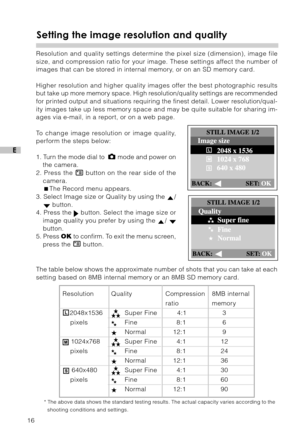 Page 1716
E
Setting the image resolution and quality
Resolution and quality settings determine the pixel size (dimension), image file
size, and compression ratio for your image. These settings affect the number of
images that can be stored in internal memory, or on an SD memory card.
Higher resolution and higher quality images offer the best photographic results
but take up more memory space. High resolution/quality settings are recommended
for printed output and situations requiring the finest detail. Lower...