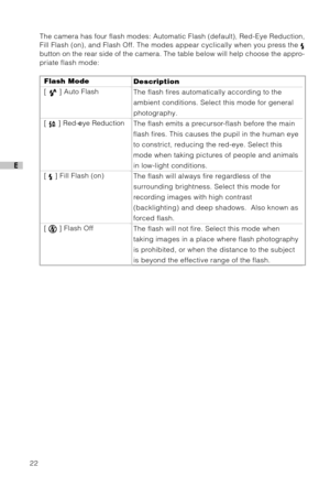 Page 2322
E
Flash Mode
[ 
 ] Auto Flash
[  ]  Red-eye Reduction
[  ] Fill Flash (on)
[  ] Flash Off
Description
The flash fires automatically according to the
ambient conditions. Select this mode for general
photography.
The flash emits a precursor-flash before the main
flash fires. This causes the pupil in the human eye
to constrict, reducing the red-eye. Select this
mode when taking pictures of people and animals
in low-light conditions.
The flash will always fire regardless of the
surrounding brightness....