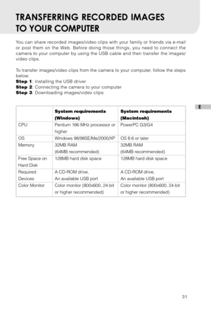Page 3231
ESystem requirements
(Windows)
Pentium 166 MHz processor or
higher
Windows 98/98SE/Me/2000/XP
32MB RAM
(64MB recommended)
128MB hard disk space
A CD-ROM drive,
An available USB port
Color monitor (800x600, 24-bit
or higher recommended)
CPU
OS
Memory
Free Space on
Hard Disk
Required
Devices
Color Monitor
TRANSFERRING RECORDED IMAGES
TO YOUR COMPUTER
You can share recorded images/video clips with your family or friends via e-mail
or post them on the Web. Before doing those things, you need to connect...