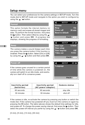 Page 4342
E
Setup menu
You can select your preferences for the camera settings in SET-UP mode. Turn the
mode dial to SET-UP mode and navigate to the option you wish to configure by
using the 
/  button.
 Format
This option formats the internal memory (or
memory card) and erases all stored images and
data. To perform the format function, first press
the 
 button. Then select [Yes] by using the /
 button and press OK. A progress bar
displays, showing the progress of formatting.
 Beep
The camera makes a sound...