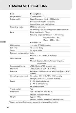 Page 4746
E
CAMERA SPECIFICATIONS
Item Description
Image sensor 3.3-Megapixel CCD
Image quality Super-Fine/Large (2048 x 1536 pixels)Fine/Medium (1024 x 768 pixels)
Normal/Small (640 x 480 pixels)
Recording media 8MB internal memory;
SD memory card (optional) (up to 256MB capacity)
Lens Fixed focal length: 7.9mm Focusing range: Landscape---1.9m~infinity;Portrait---0.9m~1.9m;
Macro---0.55m~0.9m
F-number: 3.5
LCD monitor 1.5 color TFT LCD monitor
Self-timer 10-second delay
Zoom 2X digital zoom
Exposure...