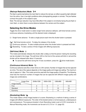 Page 20Downloaded from www.Manualslib.com manuals search engine 19 (Red-eye Reduction) Mode
Pre-flash is performed before the main flash to reduce the red-eye; an effect caused by light reflected
from the retina. Use in low-light conditions when photographing people or animals. The pre-flashes
contract the pupils of the subjects eyes.
Note: The red-eye reduction may have little effect if the subject is not directly facing the pre-flash or
main flash, or when there is some distance between the camera and the...