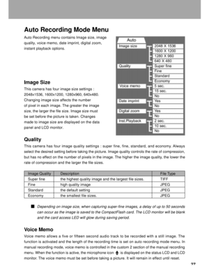 Page 28Downloaded from www.Manualslib.com manuals search engine 27
Auto Recording Mode Menu
Auto Recording menu contains Image size, image
quality, voice memo, date imprint, digital zoom,
instant playback options.
Image Size
This camera has four image size settings :
2048x1536, 1600x1200, 1280x960, 640x480.
Changing image size affects the number
of pixel in each image. The greater the image
size, the larger the file size. Image size must
be set before the picture is taken. Changes
made to image size are...