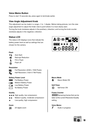 Page 1313
Voice Memo Button
Press to start 15 seconds clip, press again to terminate earlier.
View Angle Adjustment Knob
This adjustment can be made in a range +1 to -1 diopter. Before taking pictures, turn the view
angle adjustment to adjust the finder view to point where it is most clearly seen.
Turning the knob clockwise adjusts in the positive(+) direction; and turning the knob counter
clockwise adjusts in the negative(-) direction.
Status LCD
The status LCD displays icons that indicate the
battery power...